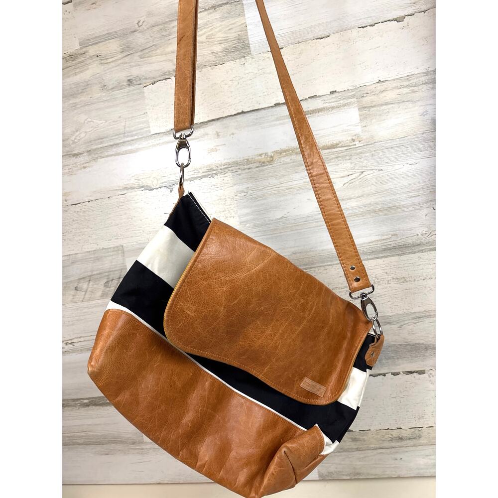 Better Life Bag Emily Brown Leather Black White Stripe Crossbody Satchel Bag
